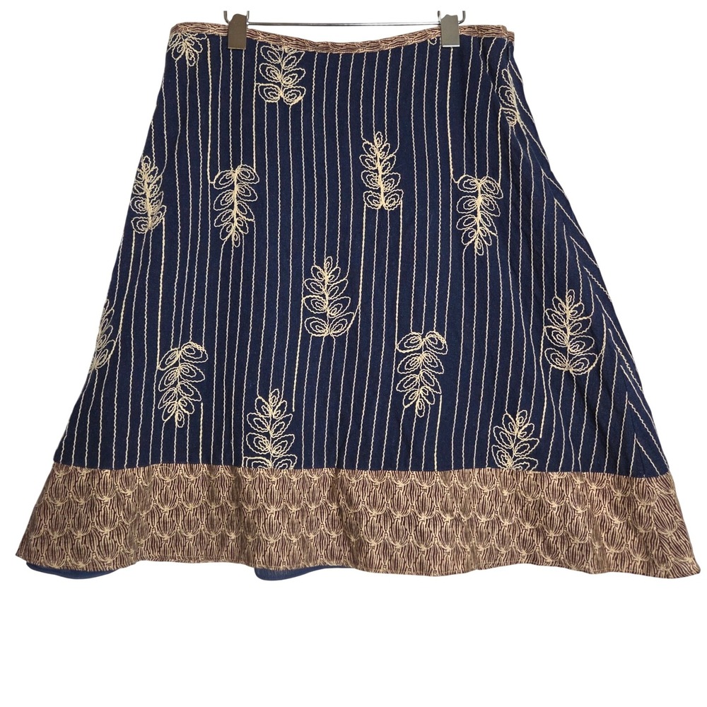 Sigrid Olsen Embroidered Linen A-Line Skirt 12 Navy Blue Boho Cottage Grandma